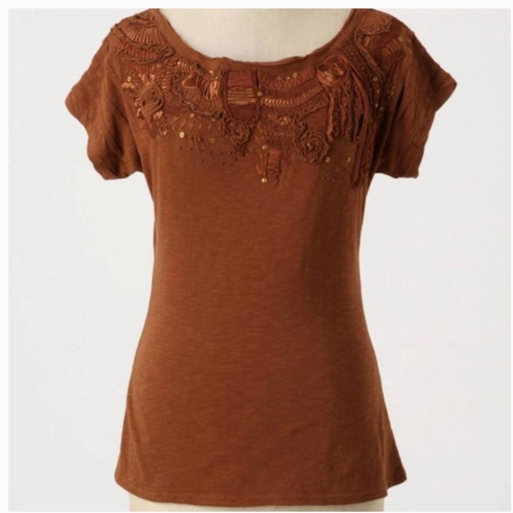 Anthro C. Keer Ribbon Embroidered Floral Beaded Embellished T-Shirt Tee Shirt - Picture 2 of 11